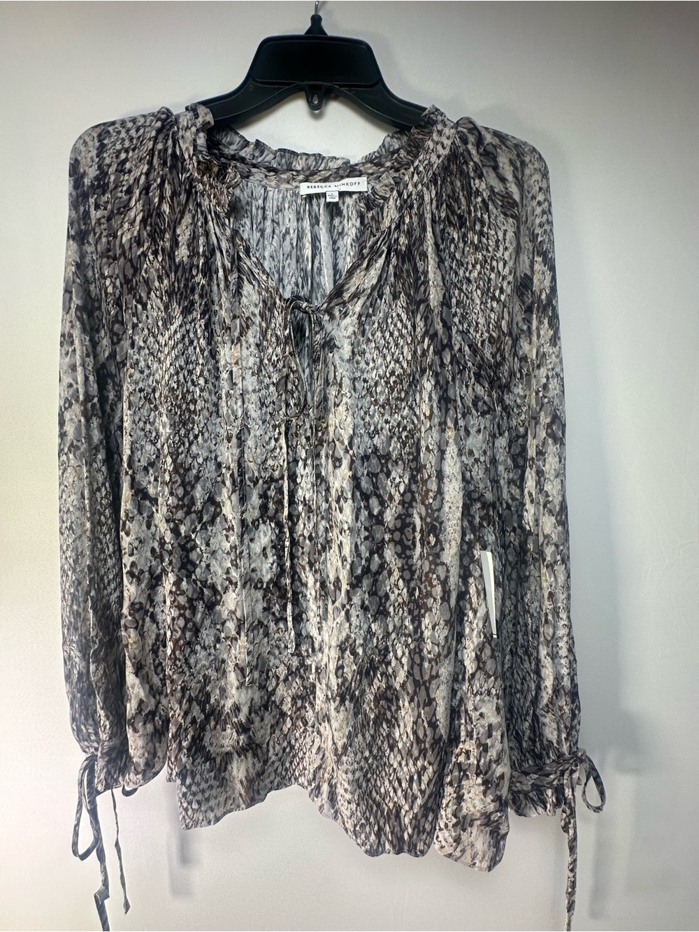 Rebecca Minkoff Gray Snake-Print Tie-Neck Blouse‎
